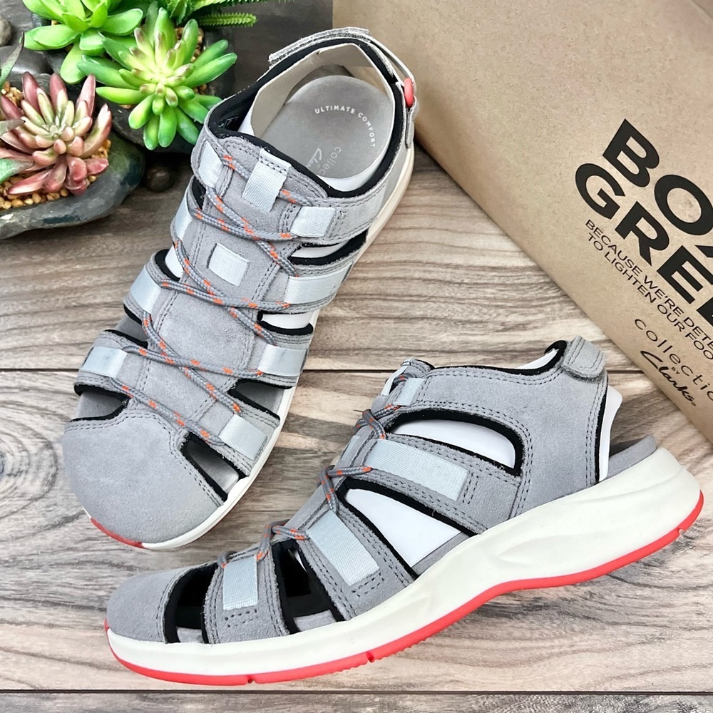 NIB Clarks Solan Sail Fisherman Sandal Grey Combi Suede 8M 39